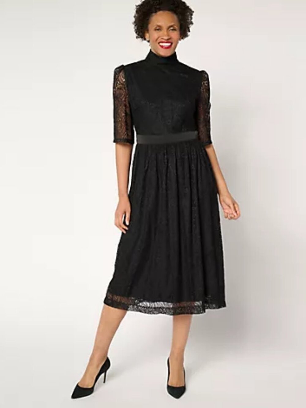 by Stacy London Regular Elbow Sleeve Stretch Lace Midi Dress, Blac Sz L a682312